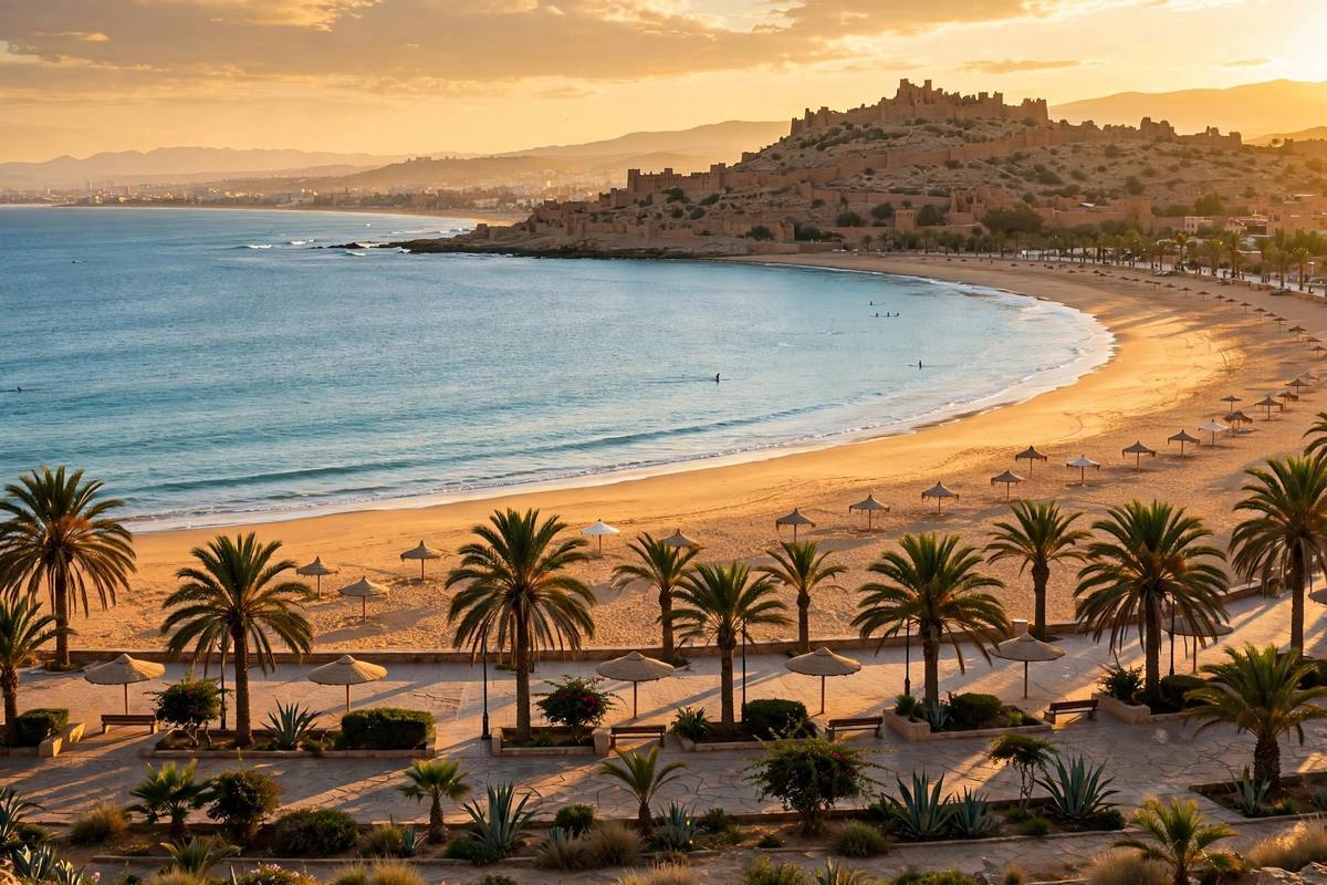 Agadir's long sandy beach with the palm-lined promenade at sunset