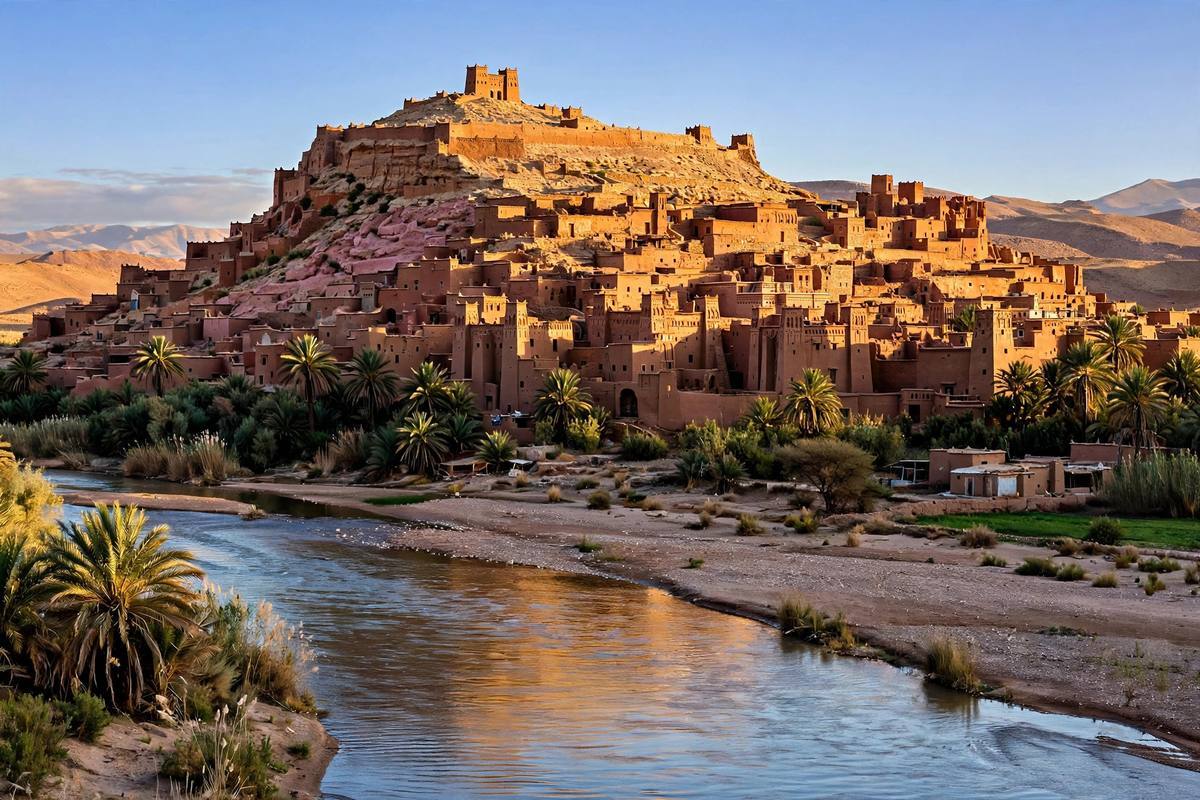 Le ksar en terre d'Aït Ben Haddou au-dessus de l'oued Ounila à l'heure dorée, avec ses tours d'argile rouge et ses palmiers