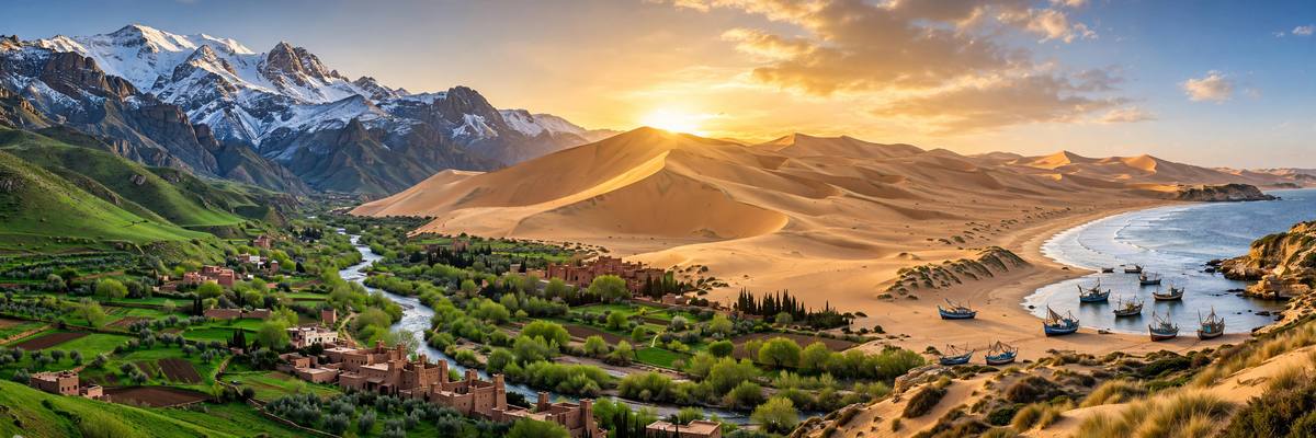 Le Maroc au fil des saisons : sommets enneigés de l'Atlas, dunes dorées du Sahara et plage atlantique ensoleillée