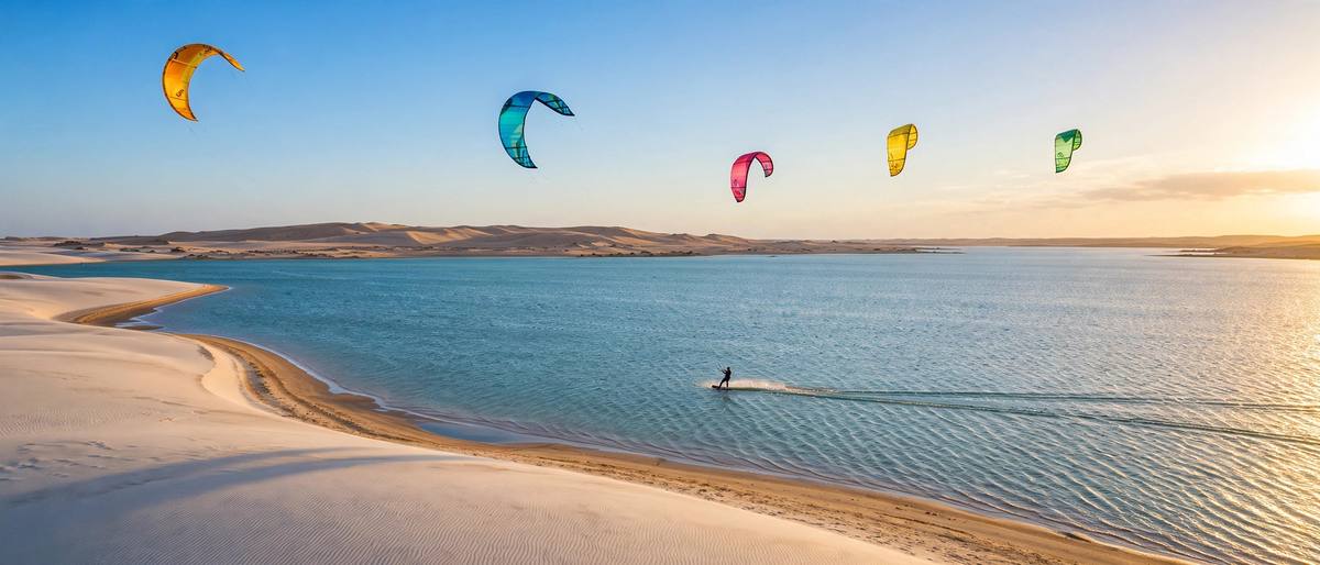 Colourful kitesurfing kites over the turquoise lagoon of Dakhla, Morocco, with a kitesurfer gliding across flat water and white sand dunes on the peninsula