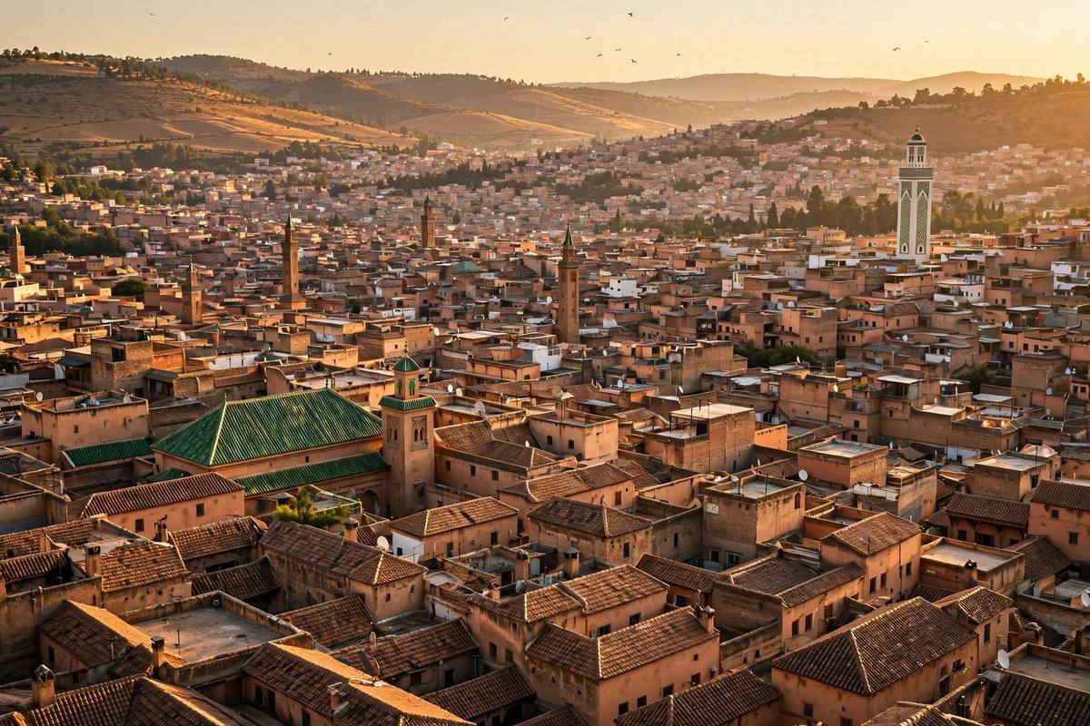 Fes el-Bali's ancient medina rooftops and minarets glowing at golden hour