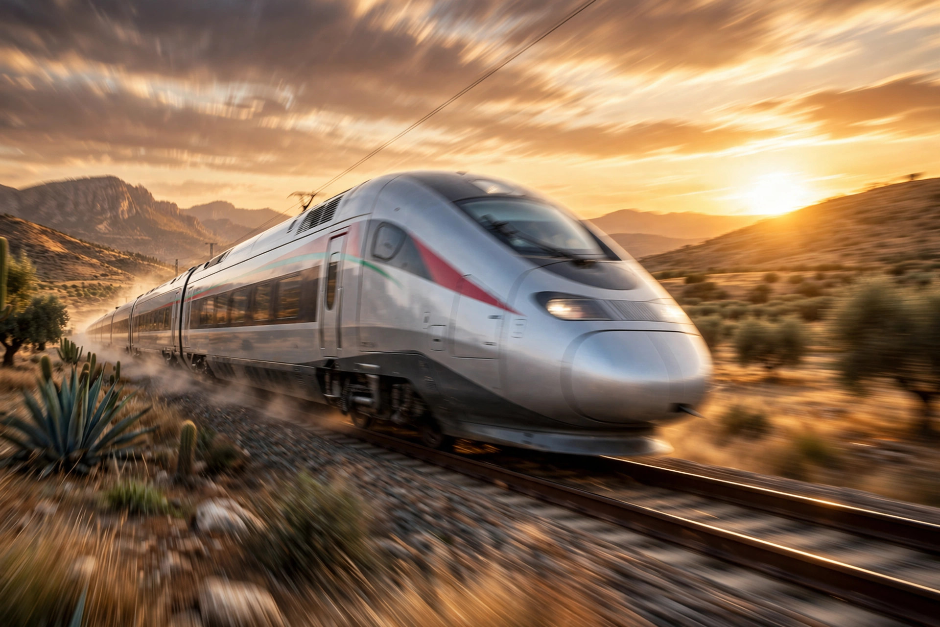 Al Boraq high-speed train speeding through the Moroccan countryside at sunset
