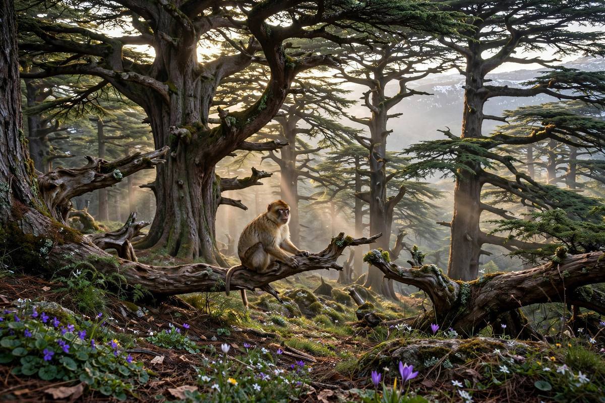 Forêts de cèdres près d'Ifrane, au Maroc, refuge des magots