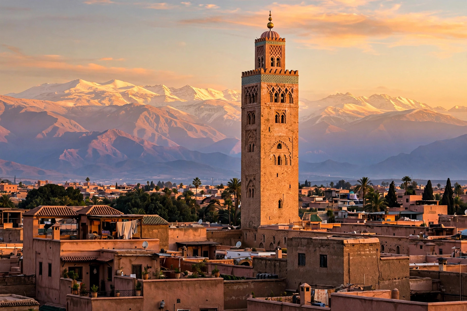 Koutoubia minaret over the Marrakech medina at sunset