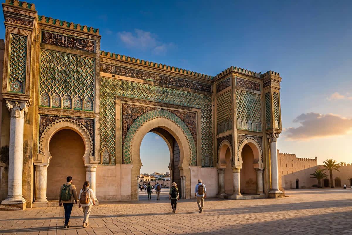 La monumentale porte Bab Mansour à Meknès et les colonnes romaines de Volubilis au coucher du soleil