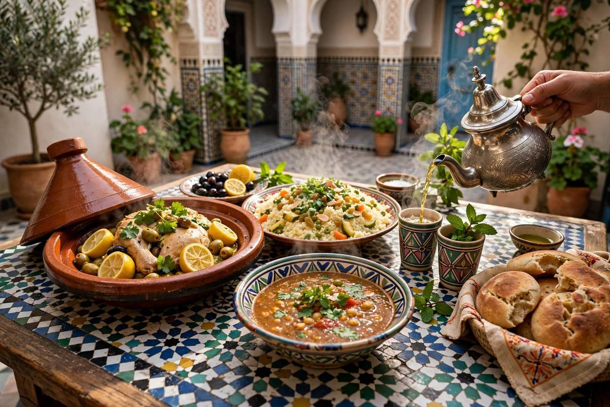 Plats marocains vus du dessus : tajines, couscous et pastilla sur une table à motifs