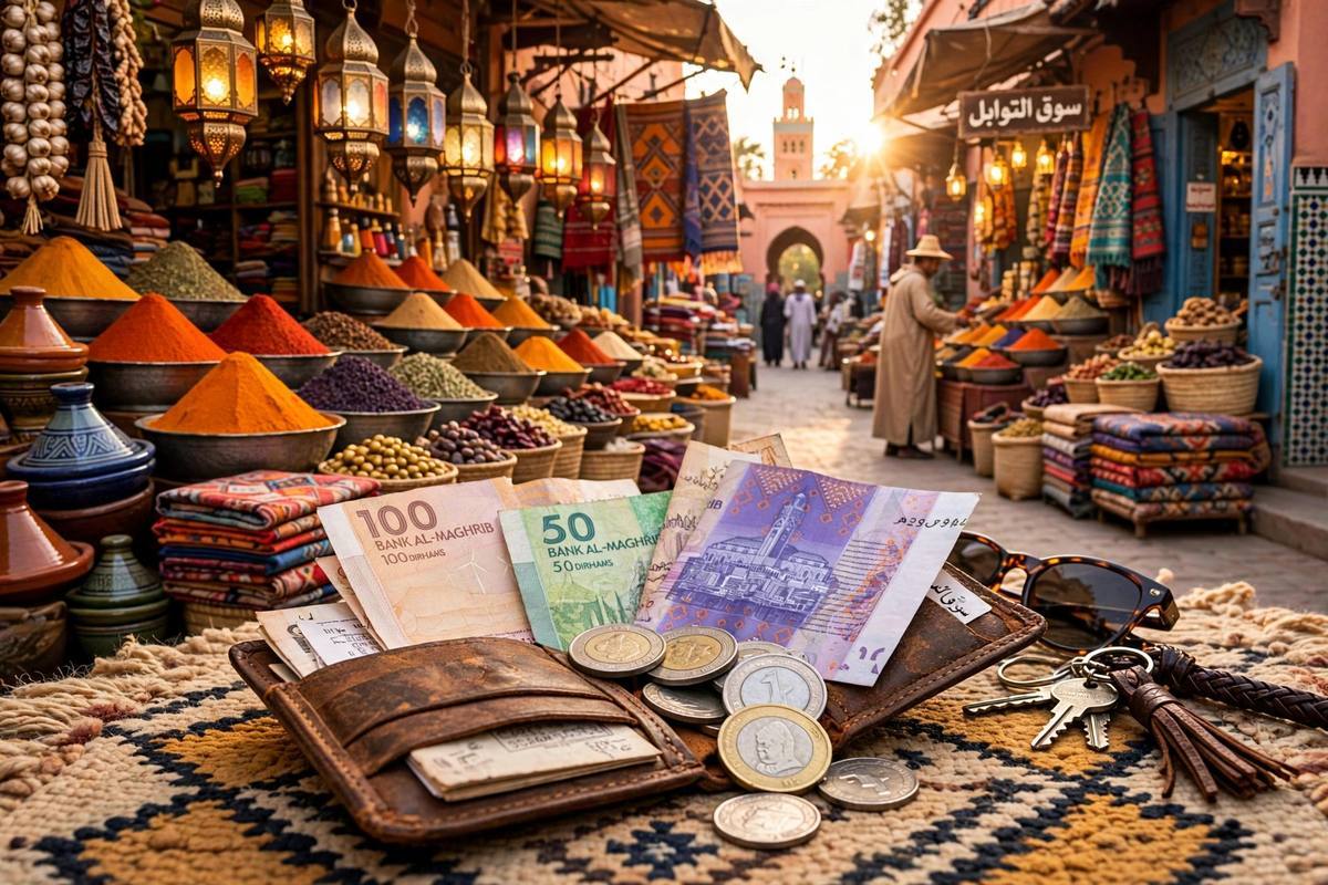 Portefeuille ouvert avec des dirhams marocains et un verre de thé à la menthe sur une table de café à Marrakech