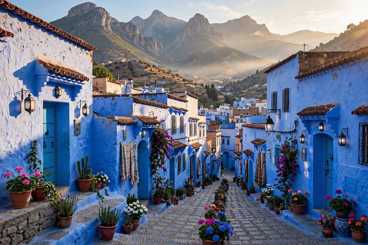 Ruelle bleue de la médina de Chefchaouen avec des fleurs en pots et les montagnes du Rif en arrière-plan