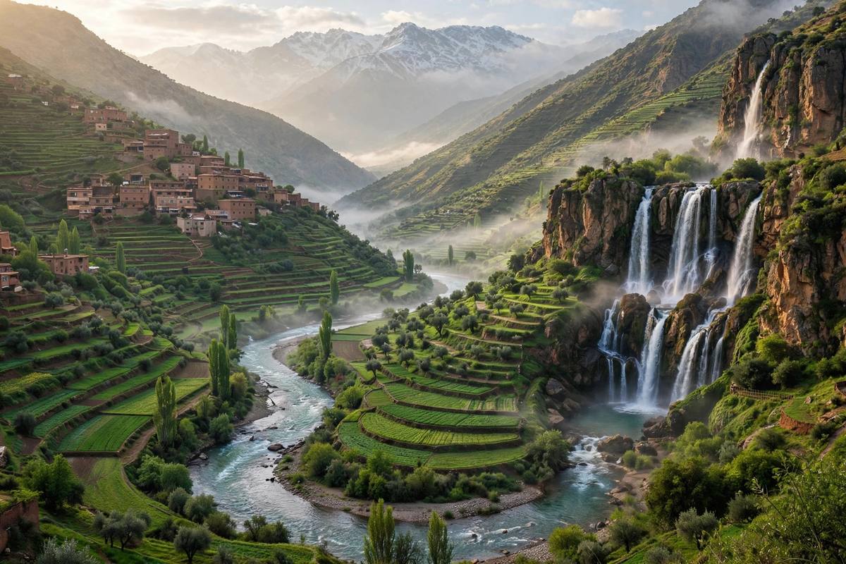 La rivière de la vallée d'Ourika serpentant entre des terrasses vertes et des villages berbères, avec les cascades de Setti Fatma tombant des falaises du Haut Atlas