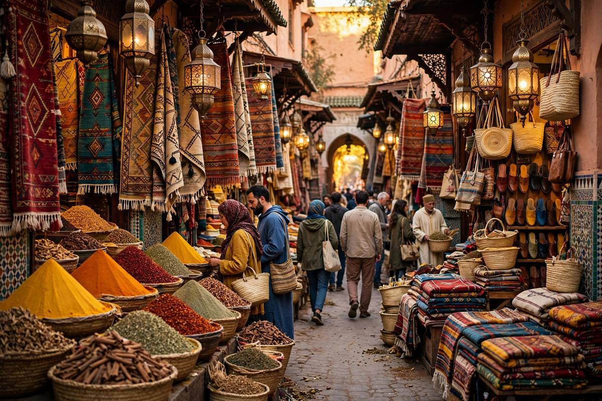 Étals colorés d'un souk marocain avec lanternes, tapis et céramiques