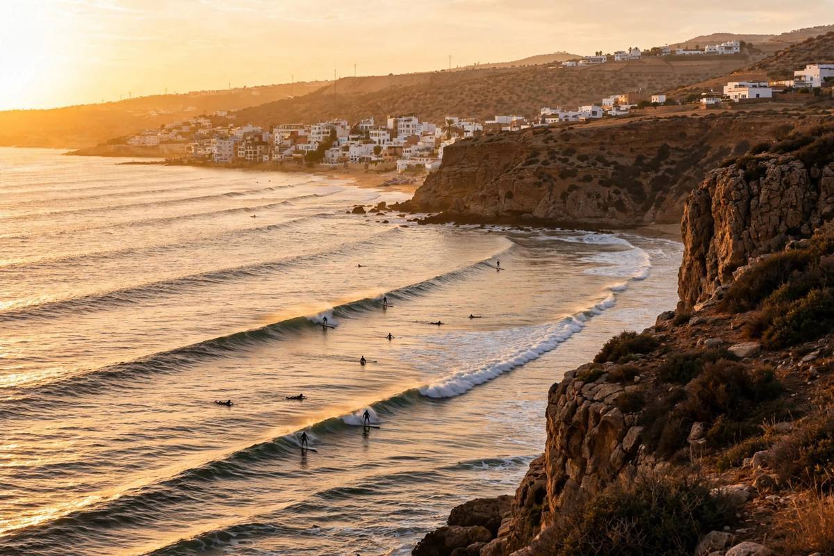 Surfers and fishing boats on the beach at Taghazout, Morocco