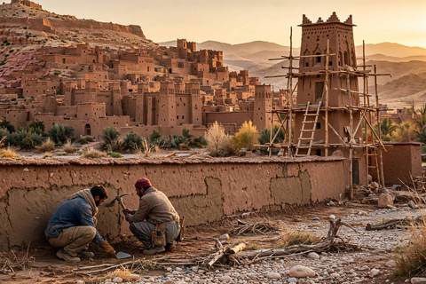 Le ksar en terre d'Aït Ben Haddou à l'heure dorée, avec des échafaudages de restauration en bois sur une tour et des artisans réparant un mur de pisé au premier plan