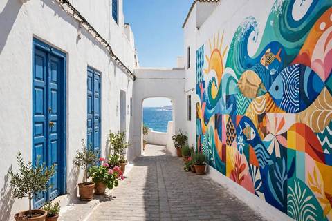 Ruelle blanchie à la chaux de la médina d'Asilah avec une grande murale colorée et un aperçu de l'Atlantique au bout du passage