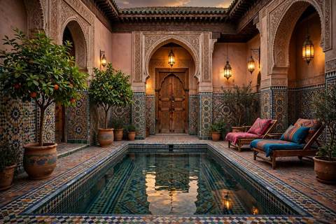 Patio d'un riad de Marrakech au crépuscule avec piscine en mosaïque, orangers et arcs