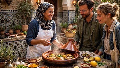 Chef marocain apprenant à des voyageurs à cuisiner un tajine de poulet fumant dans un plat en terre cuite, dans une cuisine de riad