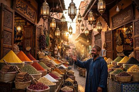 Étals d'épices aux pyramides colorées dans un souk de Marrakech à l'heure dorée, enseignes en calligraphie arabe et lanternes suspendues
