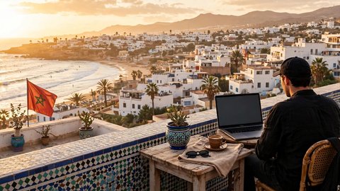 Nomade numérique travaillant sur un ordinateur portable sur une terrasse sur le toit avec vue sur la ville de surf de Taghazout, Maroc, à l'heure dorée
