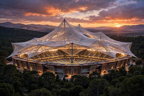 Visualisation architecturale du Grand Stade Hassan II près de Casablanca au crépuscule, avec sa canopée en treillis translucide en forme de tente illuminée au-dessus des tribunes