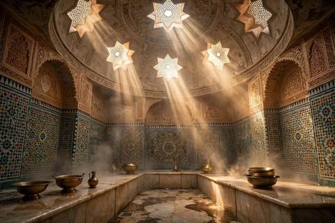 Vapeur s'élevant dans un hammam marocain en dôme : zellige sculpté, faisceaux de lumière chaude et dalles de marbre