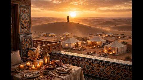 Couple admirant le coucher du soleil sur les dunes du Sahara près d'un camp de luxe illuminé au Maroc
