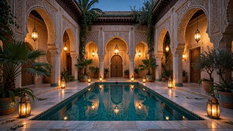 Cour de riad marocain de luxe avec arches sculptées, lanternes allumées et bassin carrelé au crépuscule