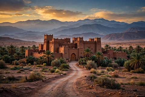 Le ksar en terre d’Aït Ben Haddou au-dessus de l’oued Ounila à l’heure dorée, avec ses tours d’argile rouge et ses palmiers