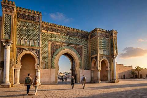 La grande porte Bab Mansour de Meknès, ses zelliges verts et ses colonnes de marbre sculptées dans la lumière de fin d'après-midi