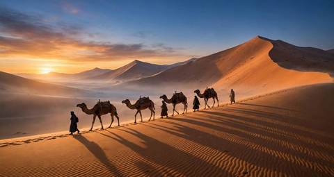 Caravane de dromadaires traversant les dunes de l'Erg Chebbi près de Merzouga au lever du soleil
