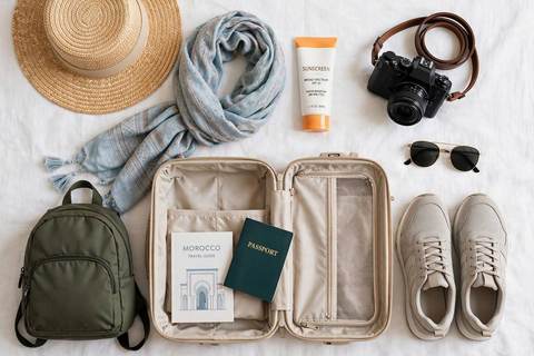 Valise préparée pour le Maroc : vêtements, foulard et lunettes de soleil