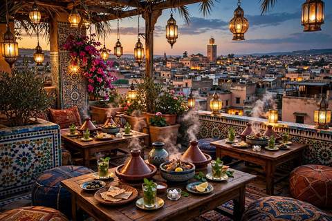 Terrasse de restaurant marocain au crépuscule avec des tables basses garnies de tajines fumants et des lanternes en laiton