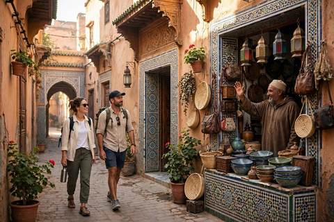 Ruelle ensoleillée d'une médina marocaine avec un voyageur détendu devant des portes traditionnelles en zellige
