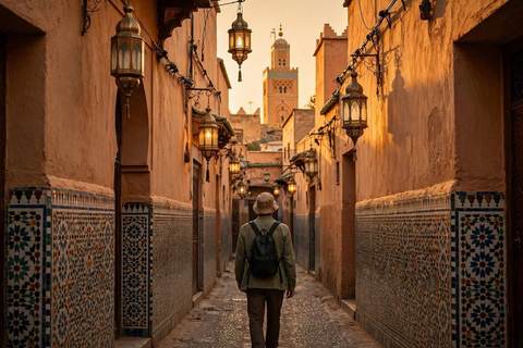 Voyageur solitaire avec un sac à dos marchant dans une ruelle ensoleillée de la médina marocaine à l'heure dorée, lanternes et minaret au loin