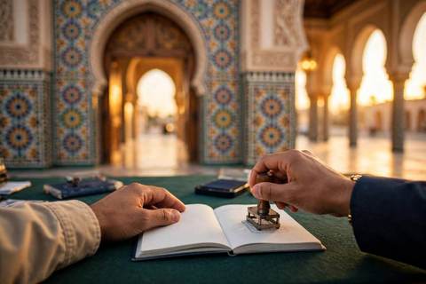 Passeport tamponné au guichet de l'immigration d'un aéroport marocain, avec des arches en zellige en arrière-plan