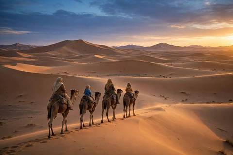 Une famille avec deux enfants à dos de chameau traversant les dunes dorées du Sahara au coucher du soleil près de Merzouga, au Maroc