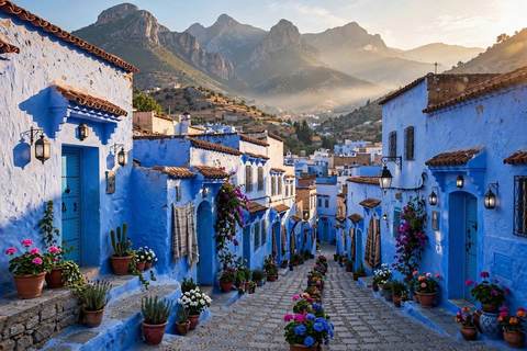 Ruelle bleue de la médina de Chefchaouen avec des fleurs en pots et les montagnes du Rif en arrière-plan