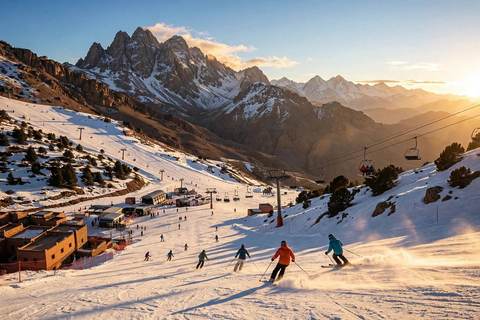 Des skieurs sur les pistes de la station d'Oukaimeden dans le Haut Atlas marocain, avec le télésiège et les crêtes enneigées sous un ciel bleu limpide