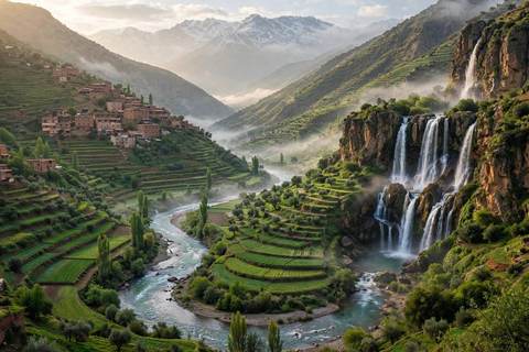 La rivière de la vallée d'Ourika serpentant entre des terrasses vertes et des villages berbères, avec les cascades de Setti Fatma tombant des falaises du Haut Atlas
