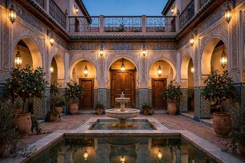 Cour d'un riad marocain traditionnel au crépuscule : fontaine, orangers, portes en bois sculpté et zellige