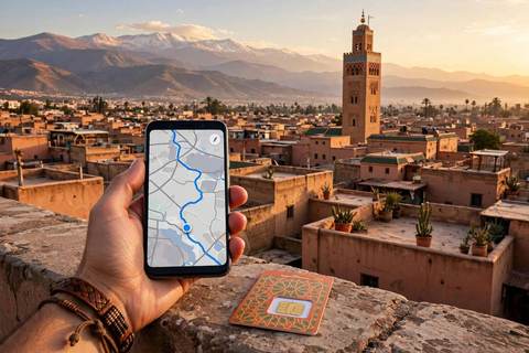 Main d'un voyageur tenant un smartphone avec une carte de navigation et un kit de carte SIM marocaine, m&eacute;dina de Marrakech et minaret de la Koutoubia &agrave; l'heure dor&eacute;e