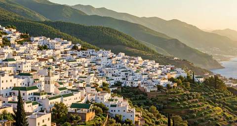 Médina blanchie à la chaux de Tétouan, au Maroc, avec des toits de tuiles vertes au pied des montagnes du Rif à l'heure dorée
