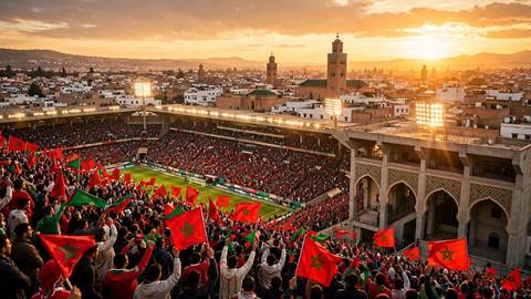 Des supporters célébrant dans un stade marocain au coucher du soleil, drapeaux rouges et verts, avec les toits de la médina à l'horizon