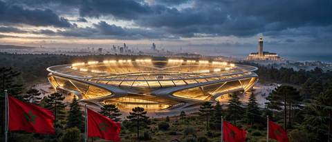 Le Grand Stade Hassan II illuminé la nuit dans la forêt près de Casablanca, drapeaux marocains