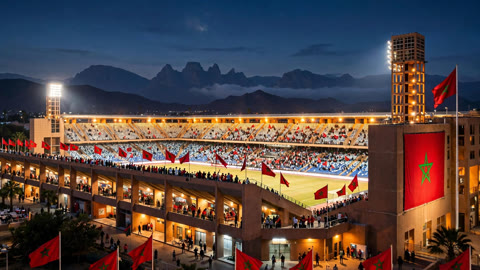 Le Grand Stade de Marrakech illuminé la nuit, drapeaux marocains et montagnes de l'Atlas à l'horizon