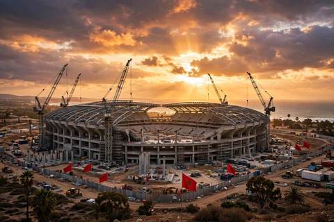 Le Grand Stade Hassan II en construction près de Casablanca avec des drapeaux marocains au coucher du soleil