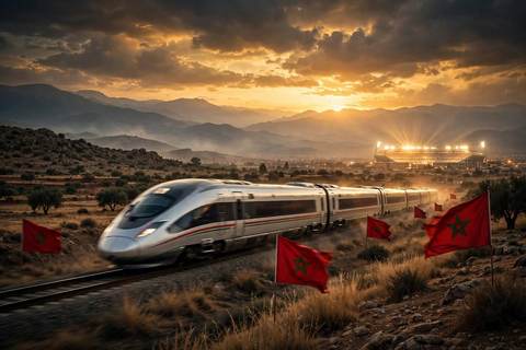 Train à grande vitesse Al Boraq filant devant des drapeaux marocains vers un stade illuminé au coucher du soleil