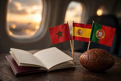 Un passeport ouvert avec de petits drapeaux du Maroc, de l'Espagne et du Portugal, un ballon vintage et un hublot d'avion au coucher du soleil