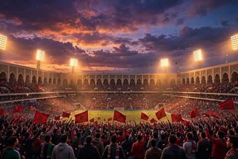 Stade de football marocain au crépuscule rempli de supporters agitant des drapeaux rouges et verts