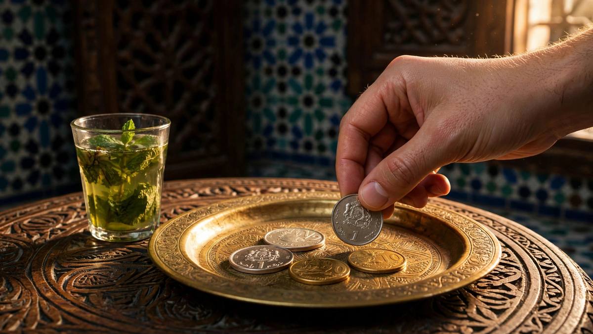 Main déposant des pièces en dirhams marocains en pourboire sur un plateau en laiton près d’un thé à la menthe
