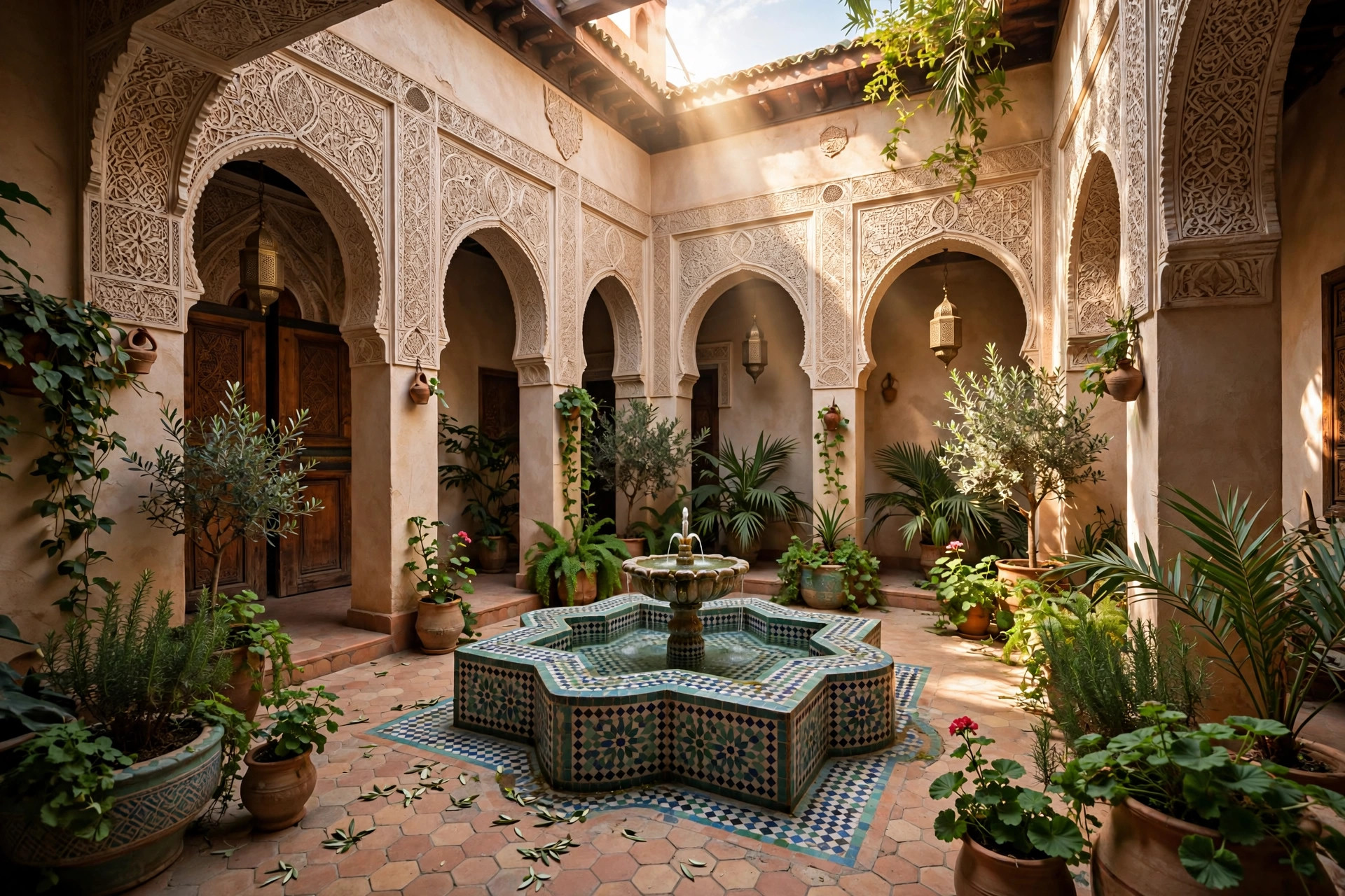 Traditional Moroccan riad courtyard with mosaic fountain