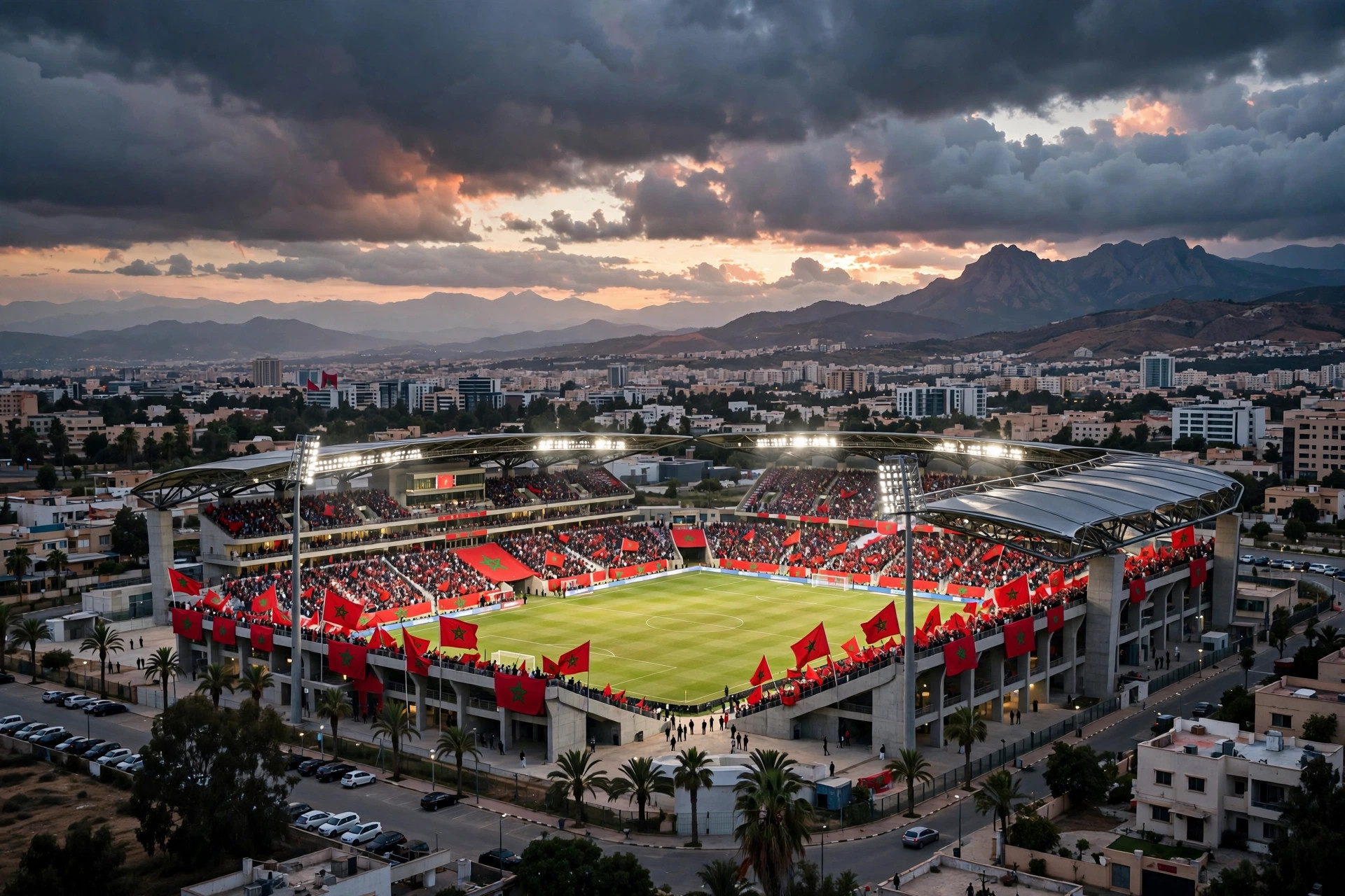 Moroccan football stadium lit up at dusk with Moroccan flags